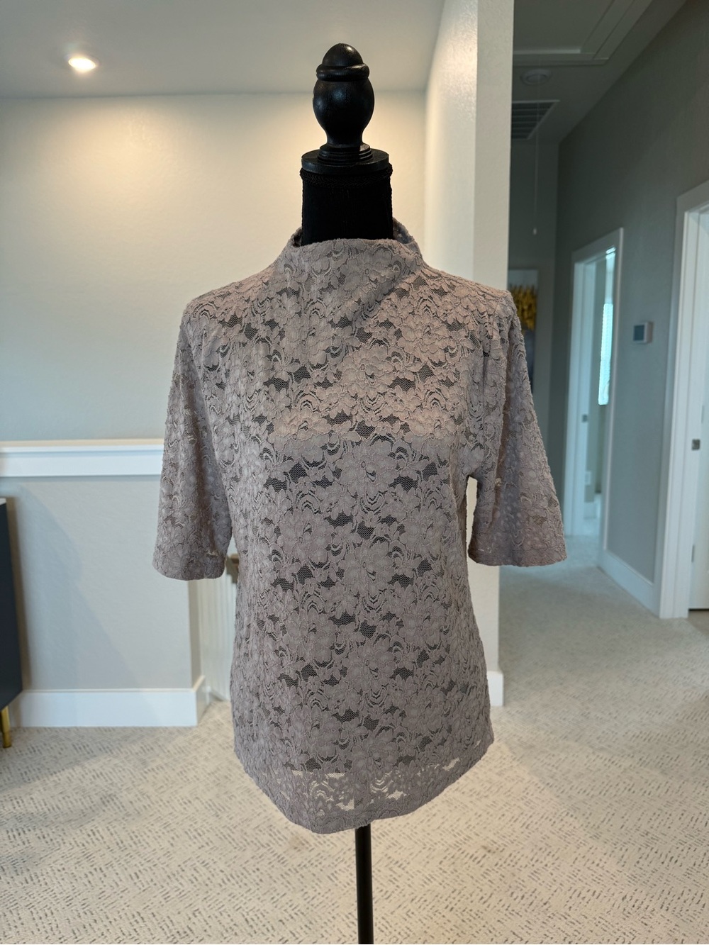 LOFT Taupe Lace Mock Neck Short Sleeve Top